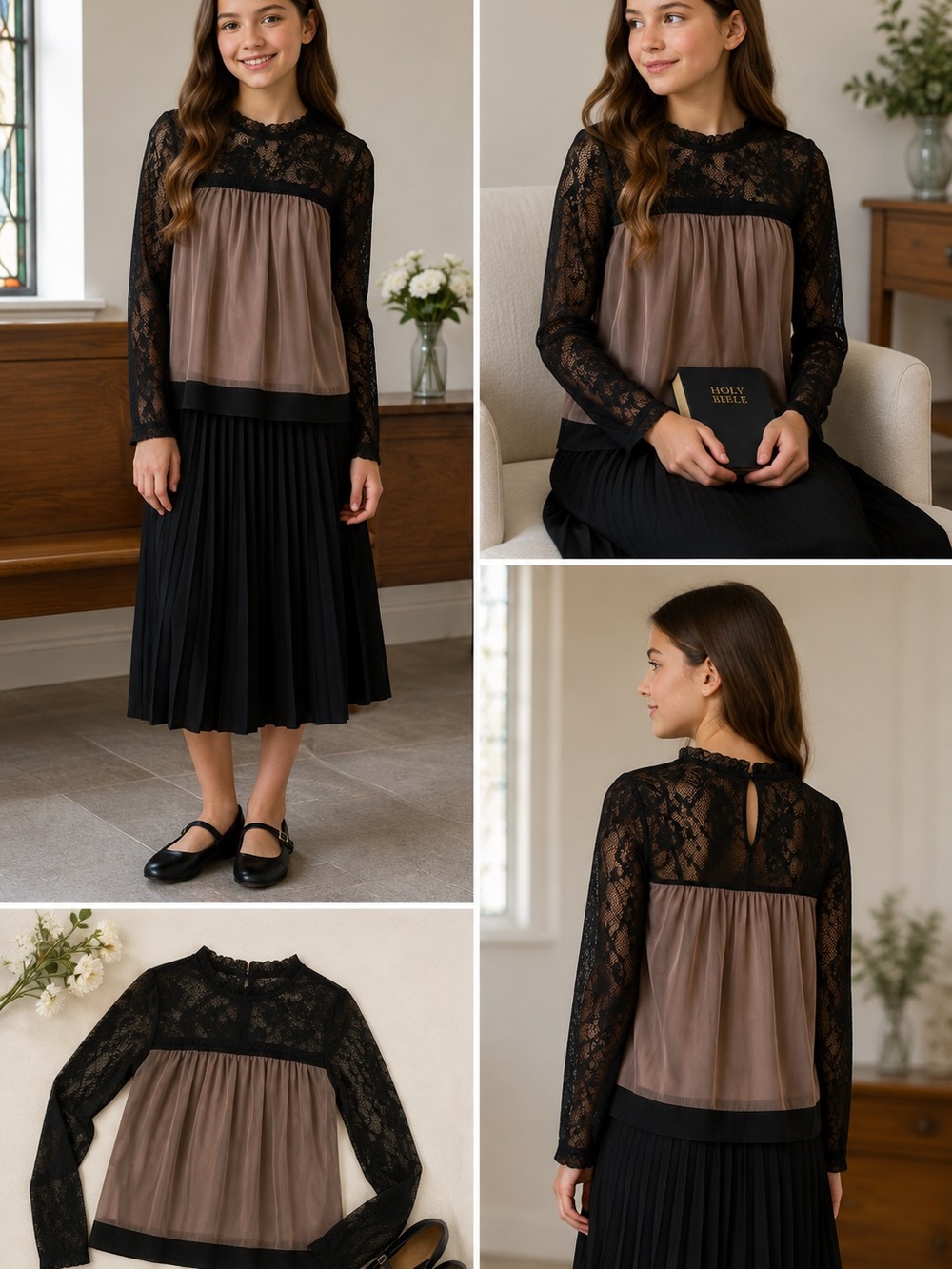 Girls Black Lace Top with Taupe Panel. Size girls large. Babydoll shirt. Nice f
